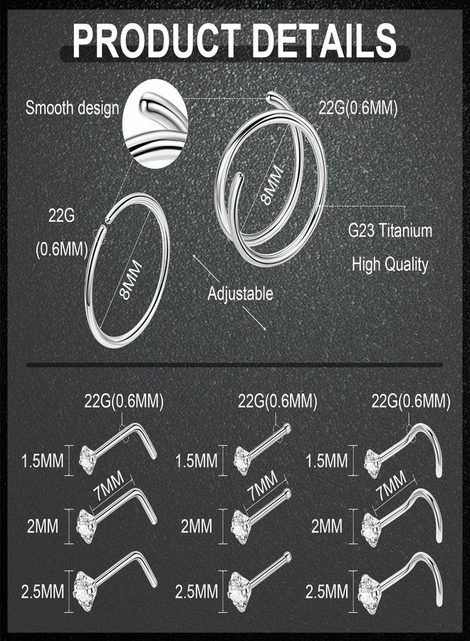 LOREMOW 22G 18Pcs G23 Titanium Nose Rings Hoops for Sensitive Skin Double Nose Rings L Shaped Nose Studs Hypoallergenic Nose Piercings Jewelry Silver - Image 2